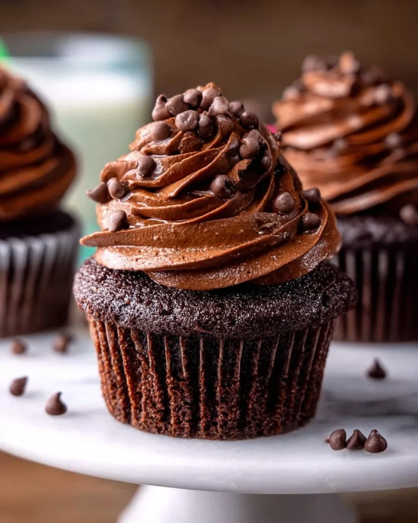 Ultimate double chocolate cupcakes decorated with chocolate frosting