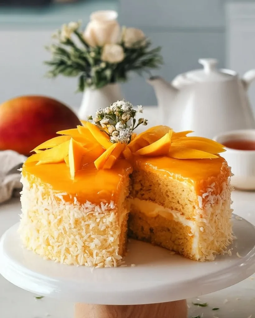 A slice of vegan mango cake topped with fresh mango slices and coconut flakes