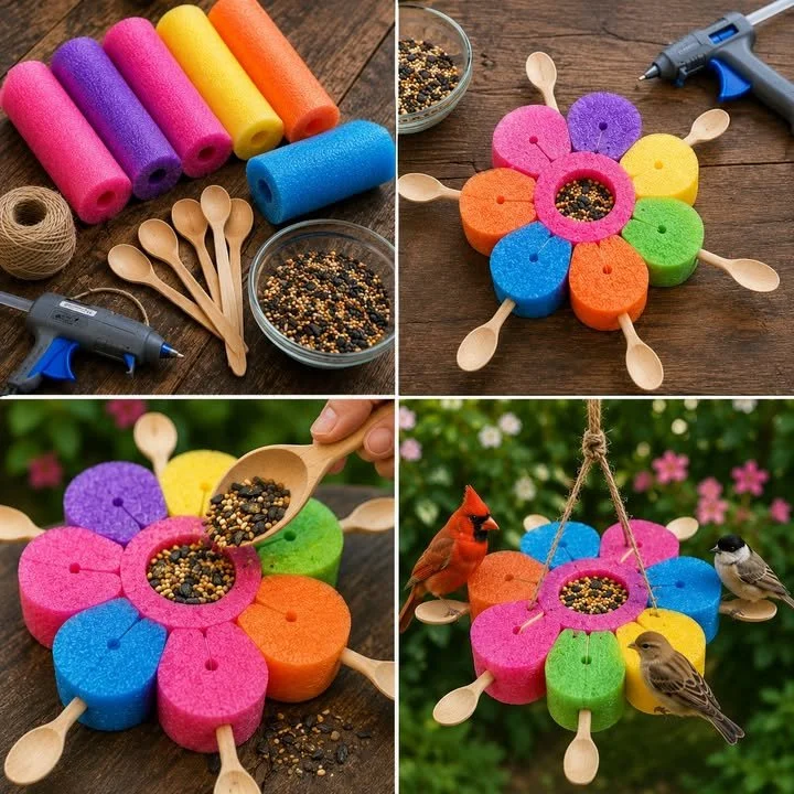 DIY pool noodle flower bird feeder tutorial and tips