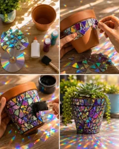 Colorful CD Mosaic Flower Pot for vibrant floral arrangements