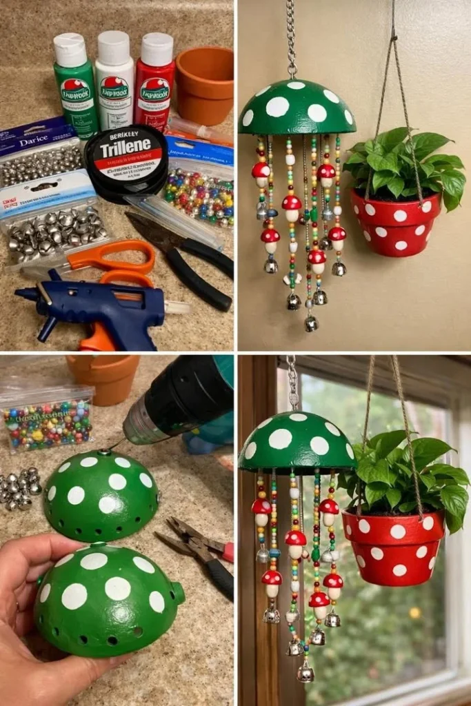 Colorful DIY mushroom wind chime planter hanging in a garden.