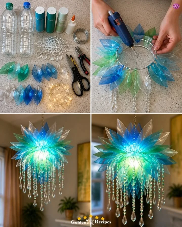 DIY plastic bottle flower chandelier lamp for creative home decor