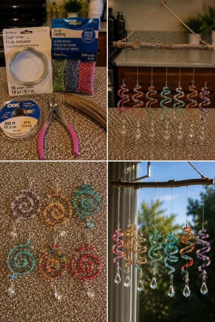 Colorful DIY spiral bead suncatchers catching sunlight