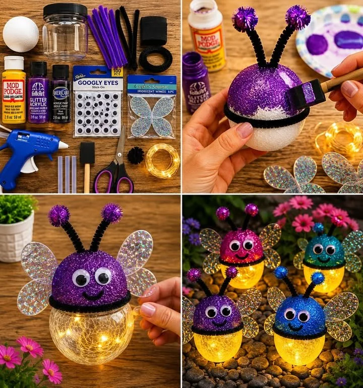 Handcrafted Glitter Bee Solar Light illuminating a garden space