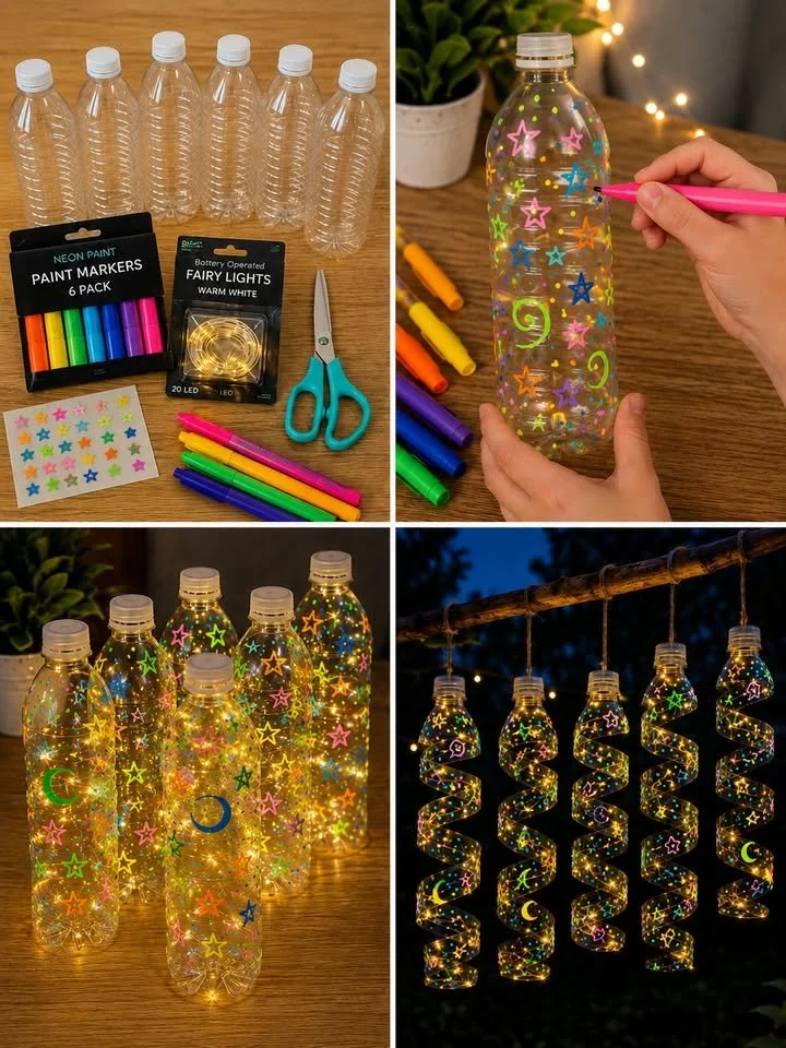 Colorful Glow Bottle Lanterns illuminating outdoor space