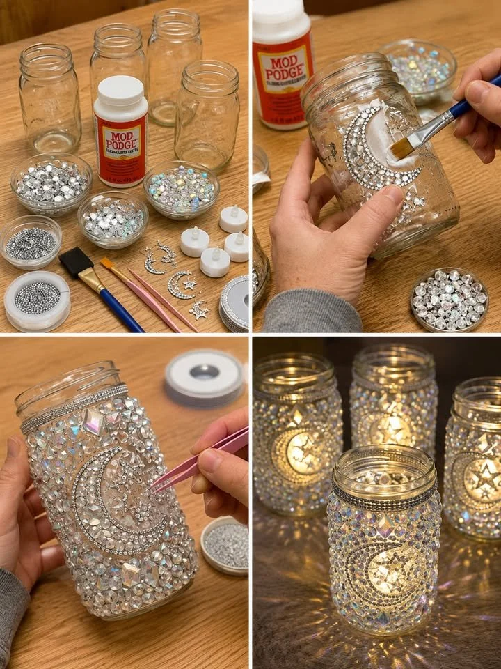 Moonlight Crystal Jar Lanterns glowing beautifully in a dark setting.