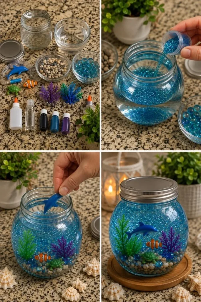 Ocean Glitter Sensory Jar filled with calming blue glitter and seashells for relaxation