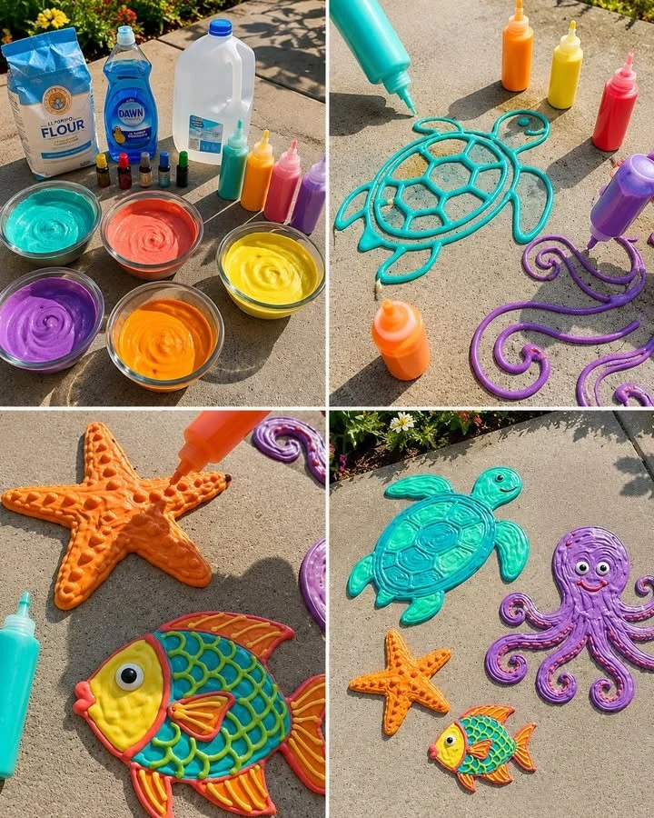 Vibrant ocean-themed puffy paint sidewalk art created for outdoor fun.