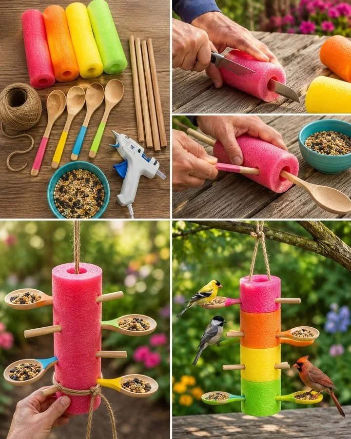 Colorful pool noodle bird feeder hanging in the garden attracting birds.