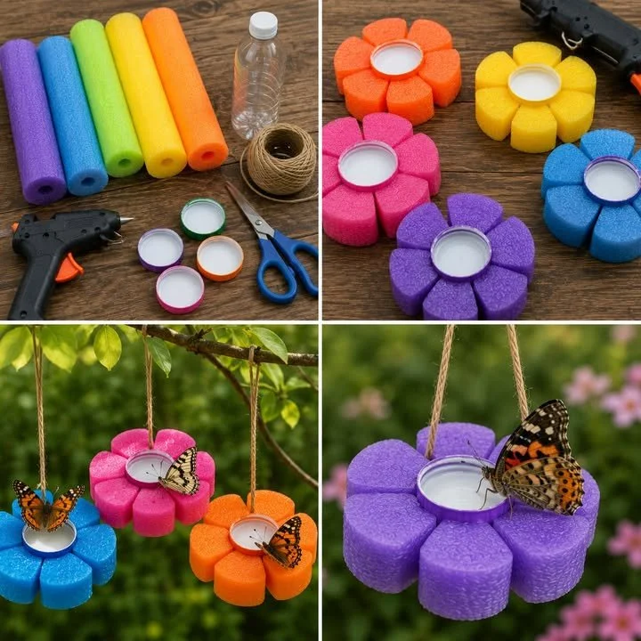 Butterfly nectar station made from pool noodles attracting butterflies.