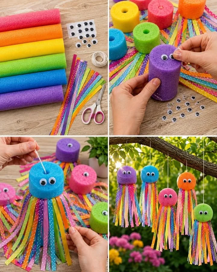 Colorful pool noodle jellyfish decoration for aquatic-themed parties