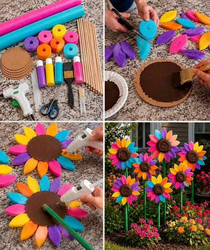 Colorful rainbow pool noodle garden flowers in a vibrant garden setting.