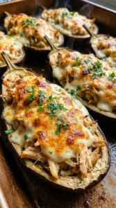 Cheesy Baked Stuffed Eggplant Boats fresh out of the oven, ready to serve.