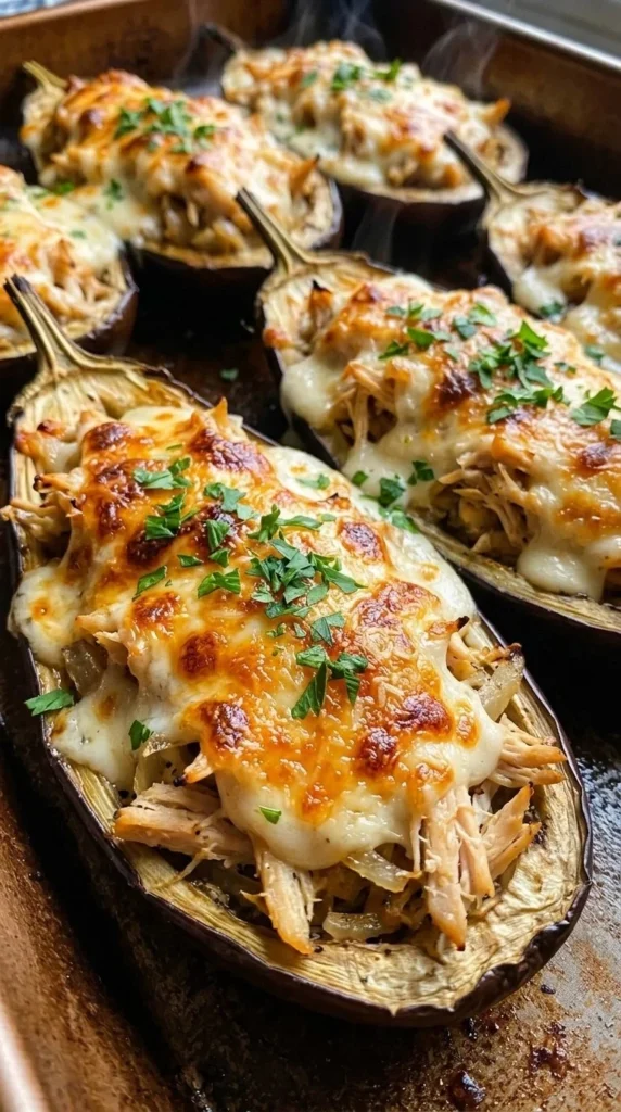 Cheesy Baked Stuffed Eggplant Boats fresh out of the oven, ready to serve.