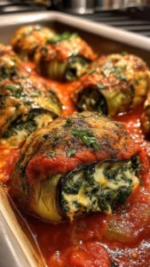 Delicious Spinach Cheese Eggplant Rollatini served on a plate