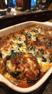 Spinach ricotta stuffed eggplant bake ready to serve