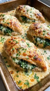 Delicious spinach stuffed chicken in creamy parmesan sauce served on a plate