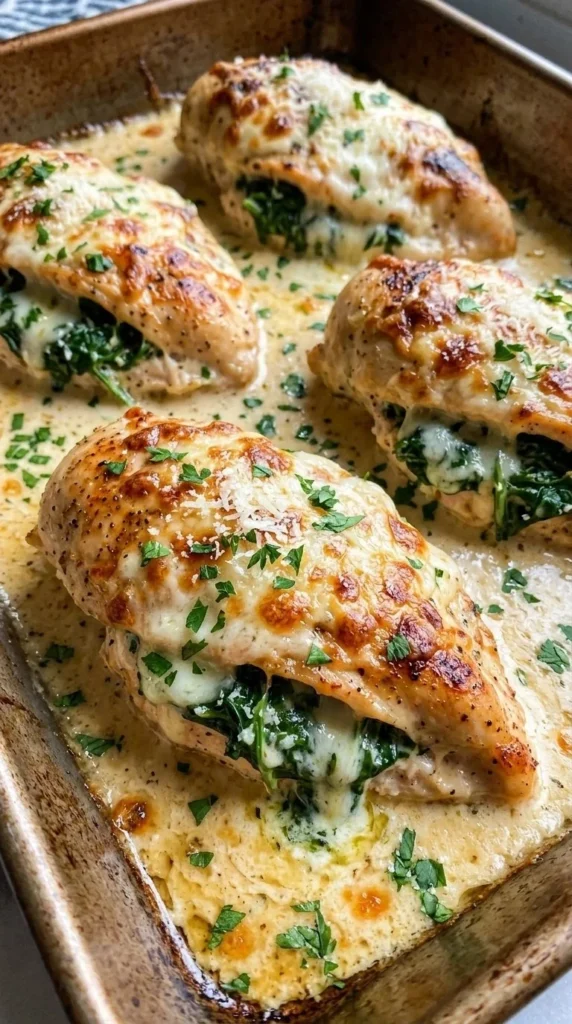 Delicious spinach stuffed chicken in creamy parmesan sauce served on a plate