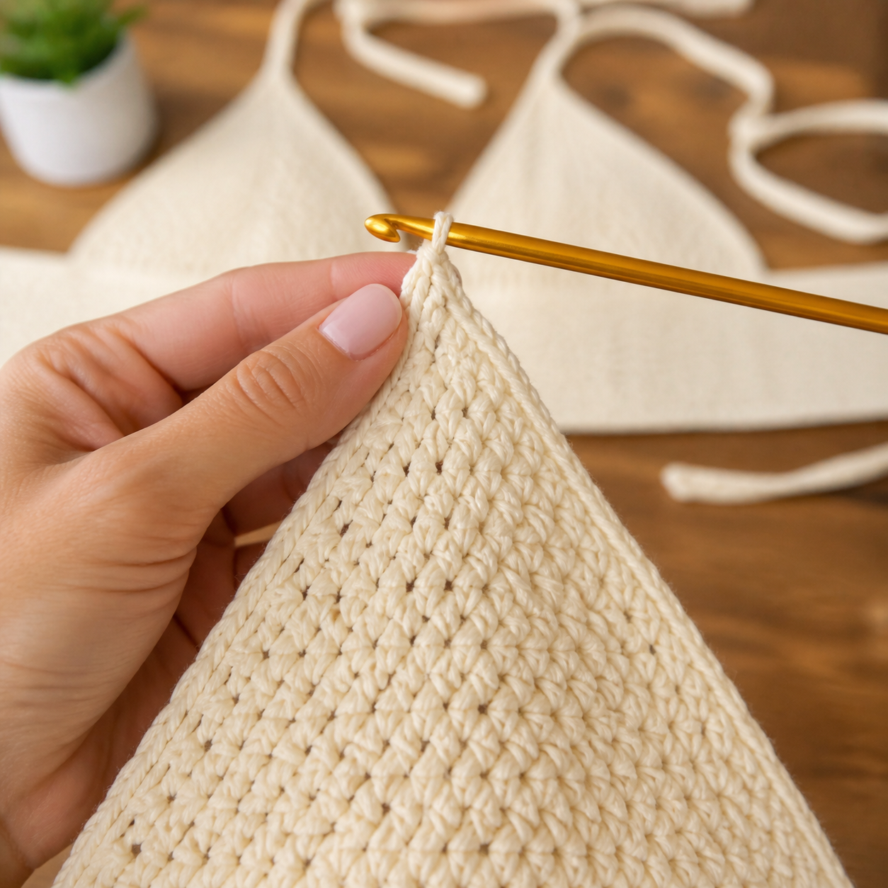 Early triangular double crochet cup with symmetrical increases