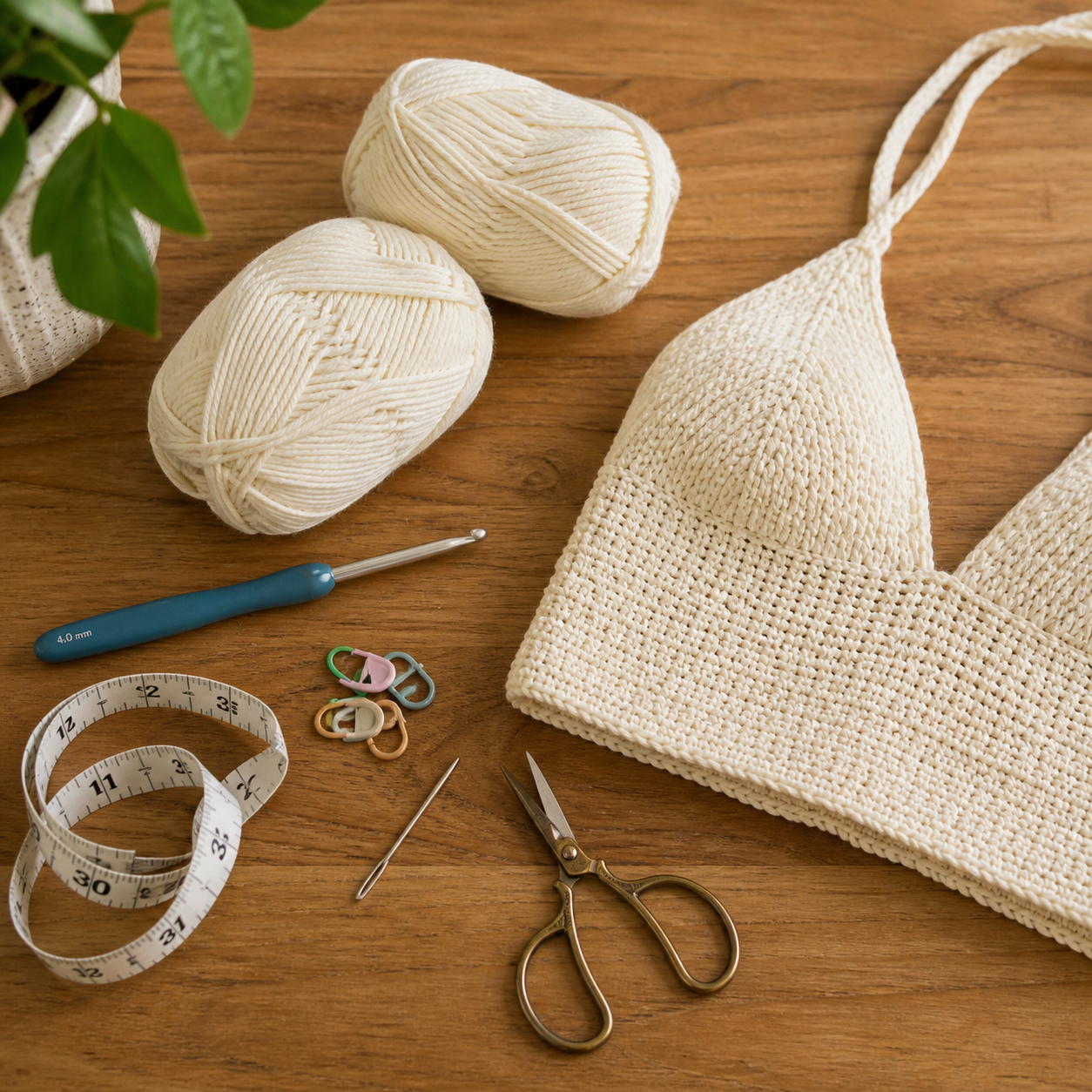 Cotton blend yarn, hook, measuring tape, markers, and crop top materials