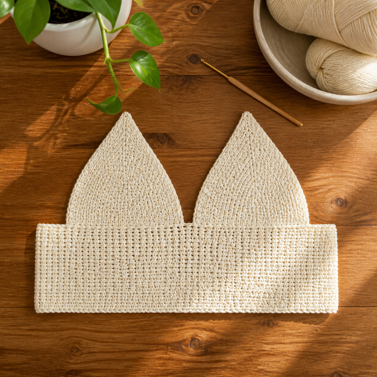Two completed crochet cups positioned on the measured underbust band