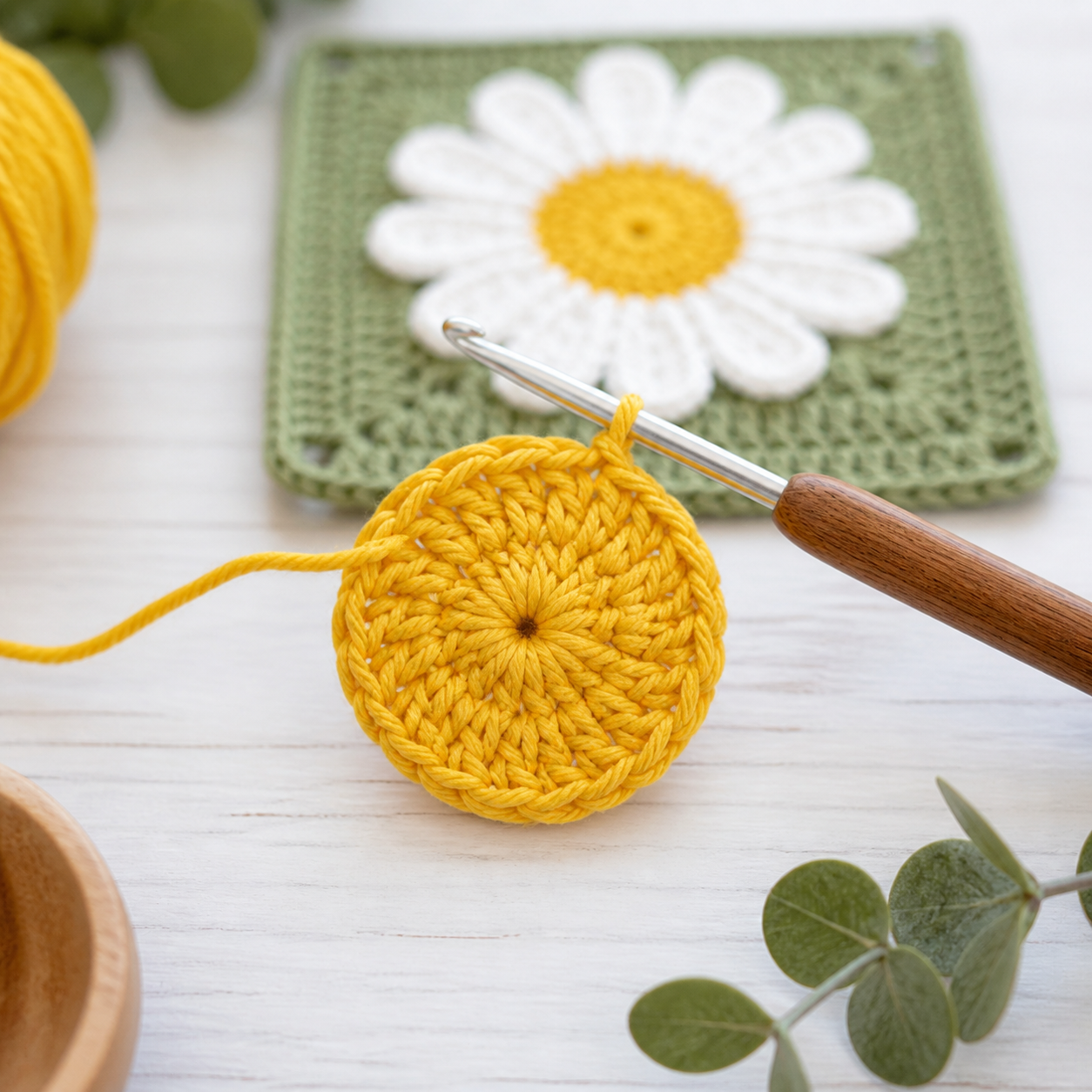 Early yellow 12-stitch crochet daisy center