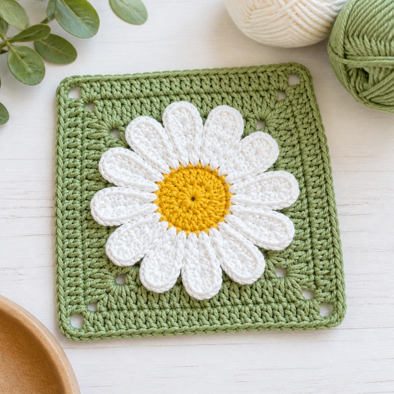 Finished blocked daisy granny square in a bright spring craft setting