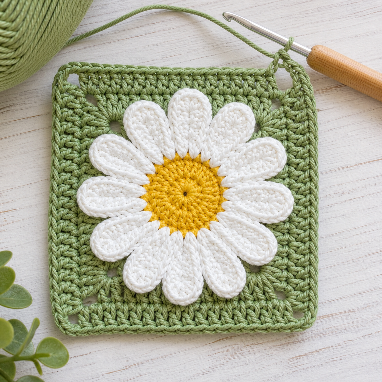 Green transition round forming four corners behind the daisy petals