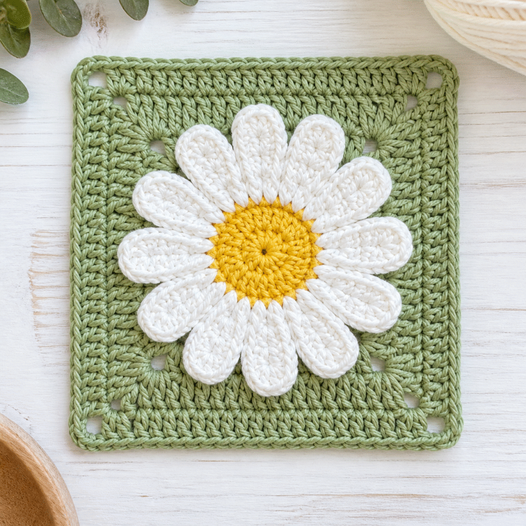 Finished daisy granny square with yellow center, 12 white petals, and green border