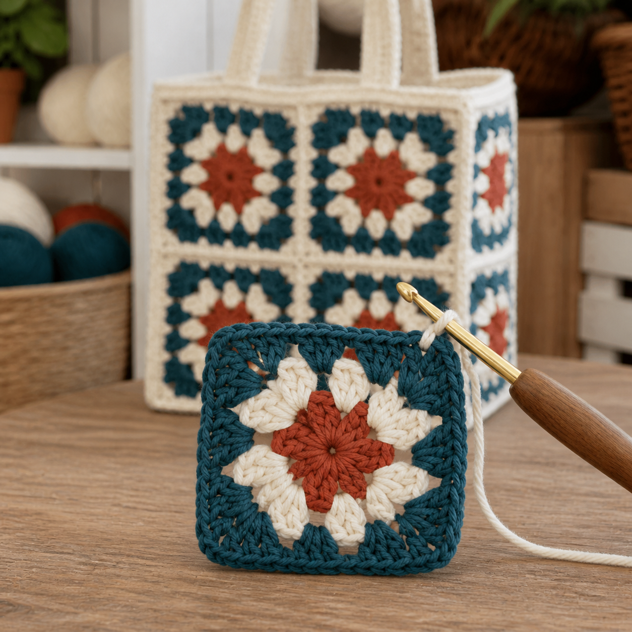 Early traditional granny square with two completed rounds