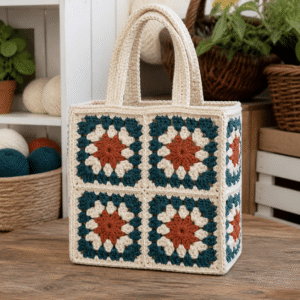 Finished 13-square crochet granny tote bag in cream, rust, and teal