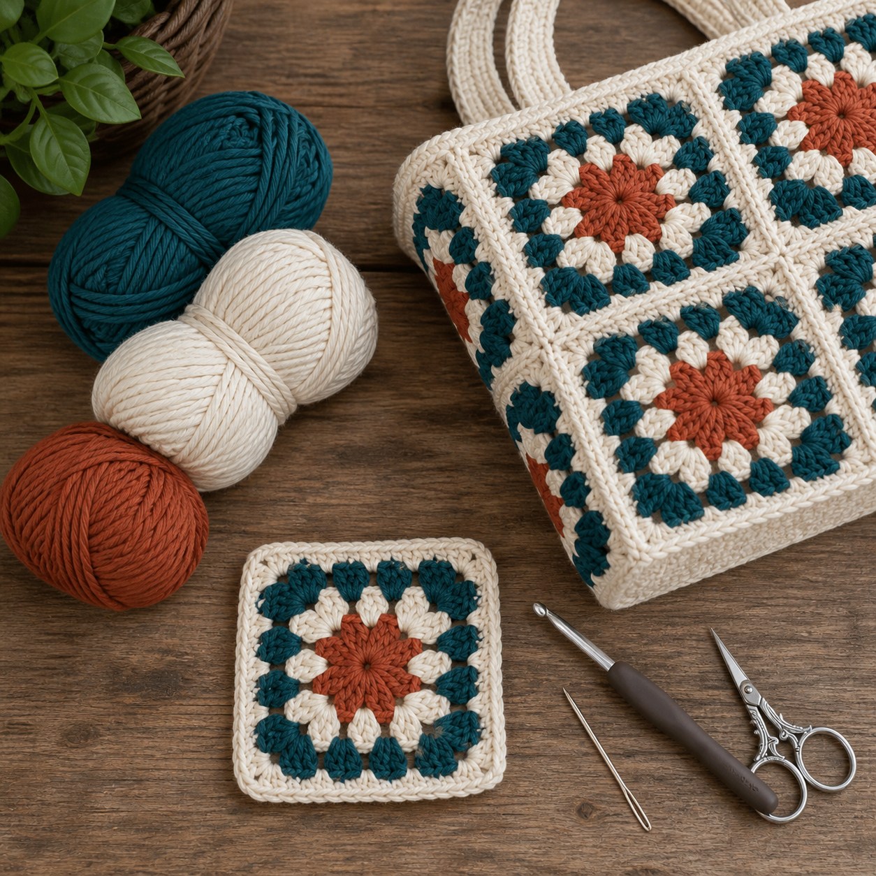 Yarn colors, hook, needle, scissors, and granny square bag materials