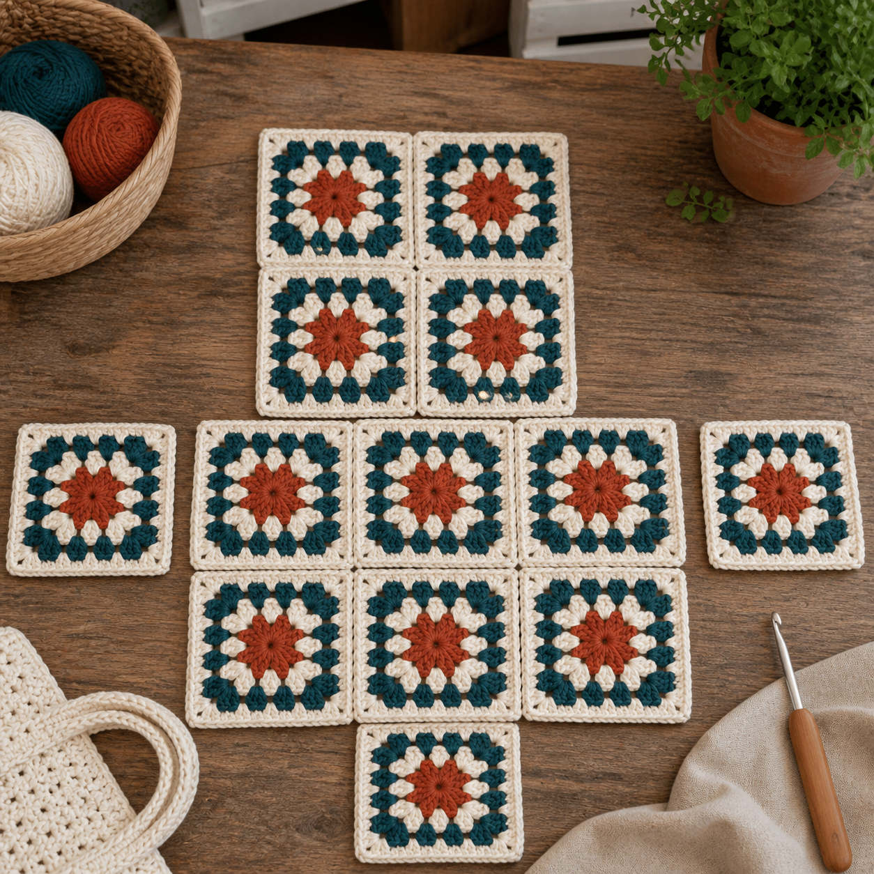 Several matching five-round granny squares arranged for the tote