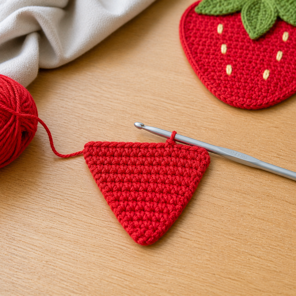 Early red single crochet strawberry body widening from the bottom tip in turned rows