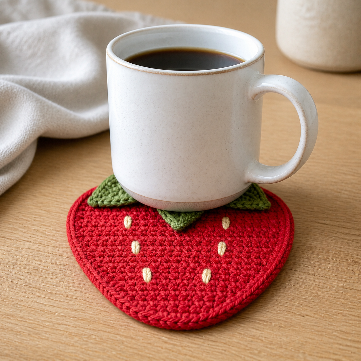 Finished strawberry crochet coaster holding a white mug in a cozy naturally lit kitchen setting