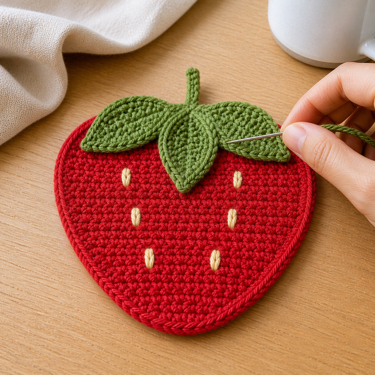 Green crochet leaves being sewn across the top of the red strawberry coaster beside cream embroidered seeds