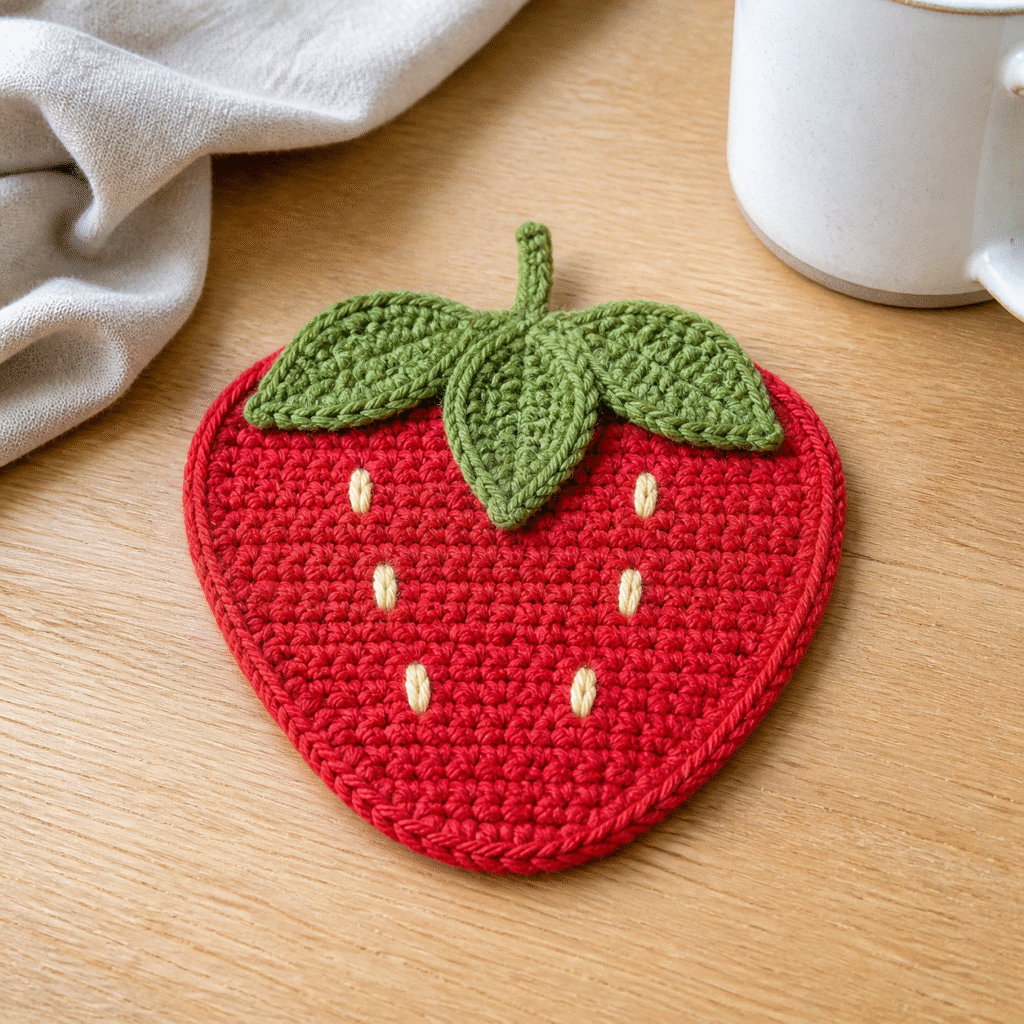 Finished red crochet strawberry coaster with three green leaves and six cream embroidered seeds on a light wood table