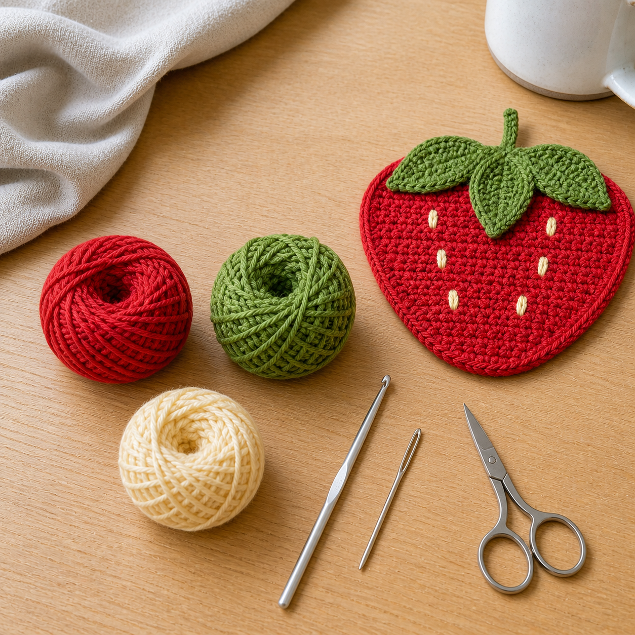 Red, green, and cream worsted cotton yarn with a 4 mm crochet hook, yarn needle, scissors, and strawberry coaster