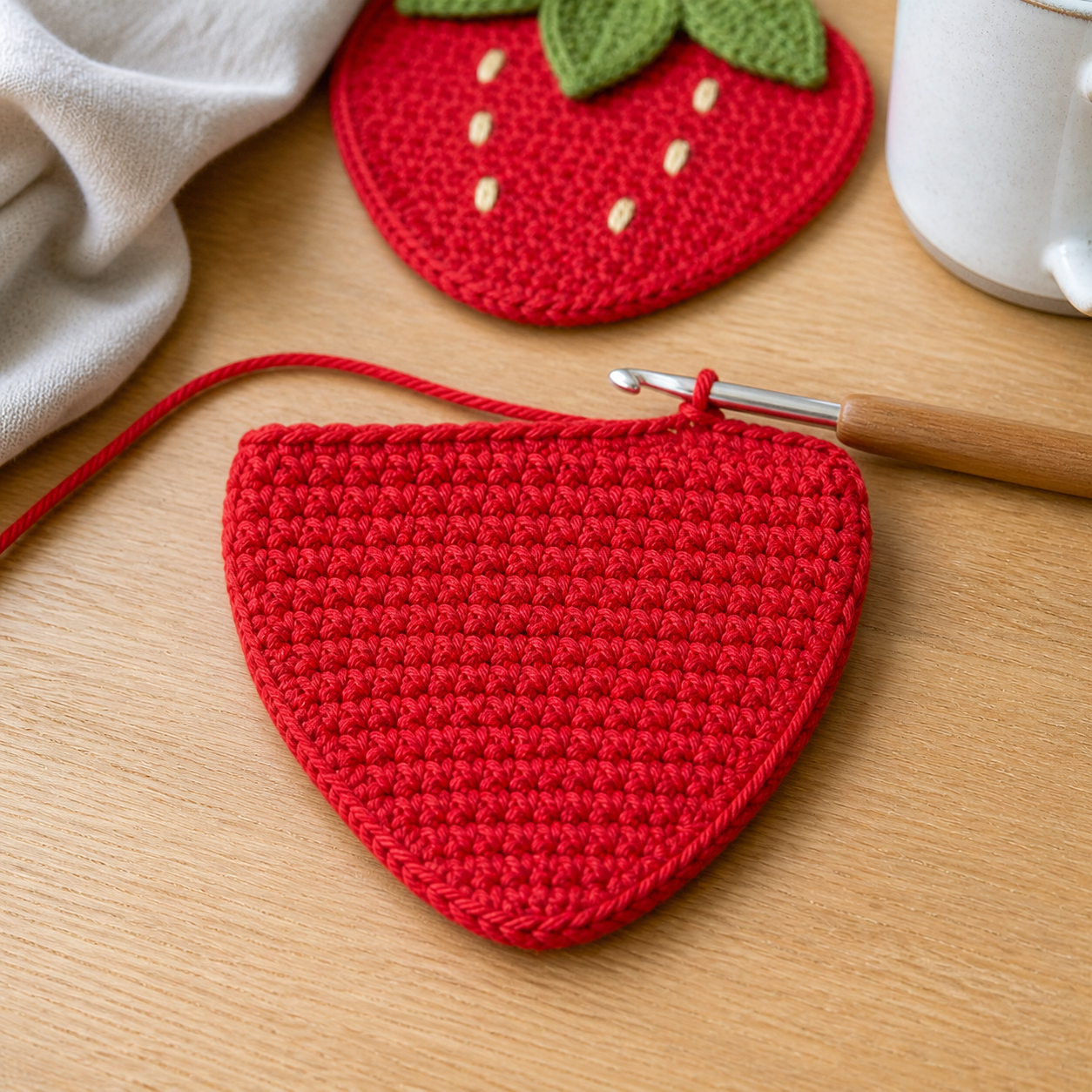 Mid-progress red strawberry coaster body with rounded widening sides and visible single crochet rows