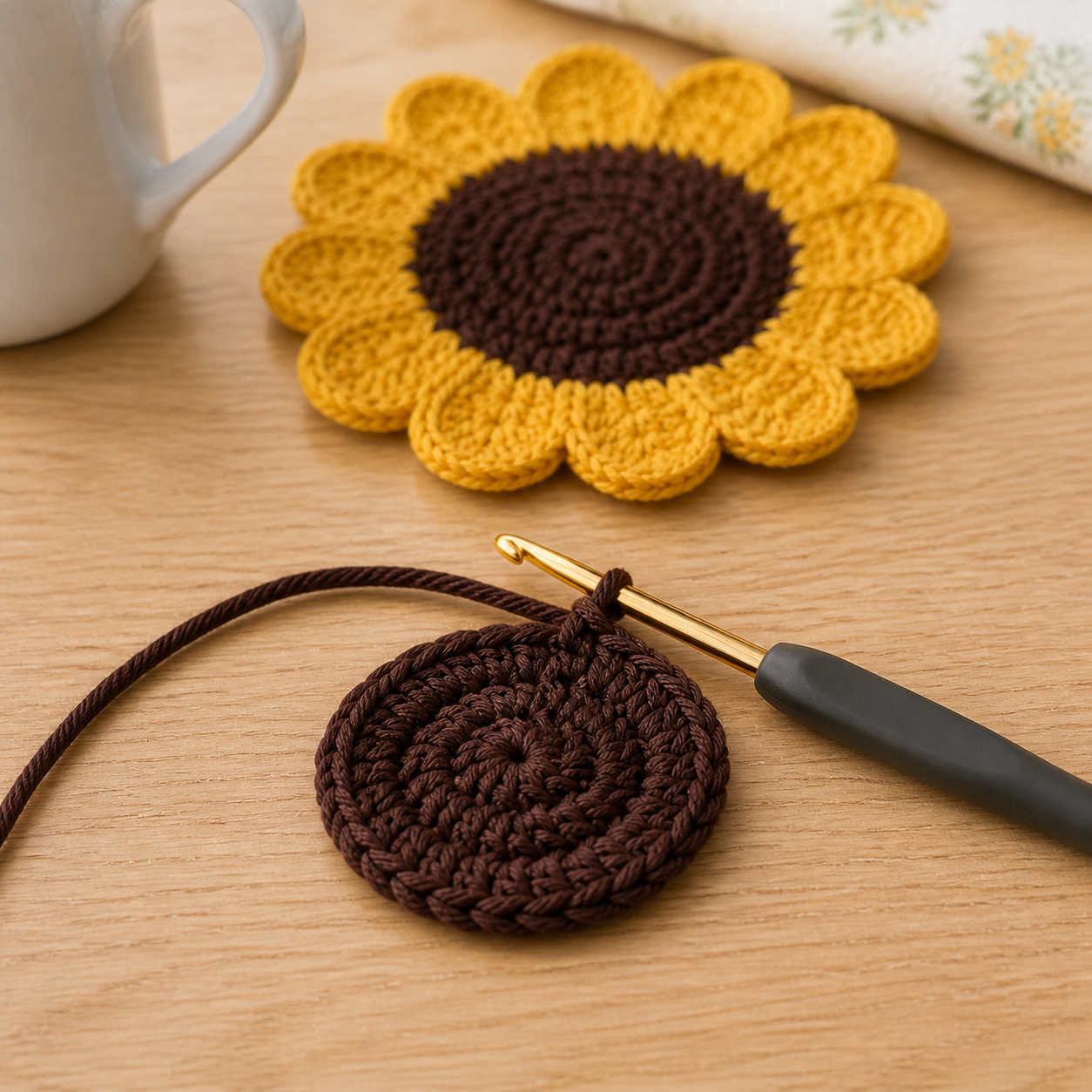 Early round of the brown crochet sunflower center