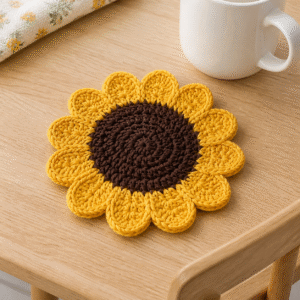 Finished sunflower crochet coaster with a brown center and 12 golden petals
