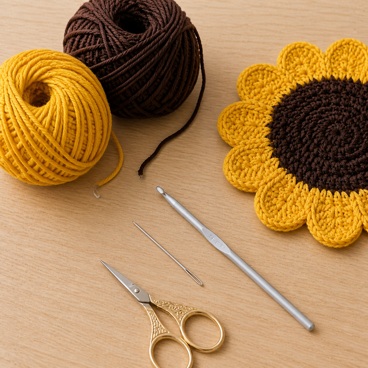 Brown and golden cotton yarn with crochet hook and coaster materials