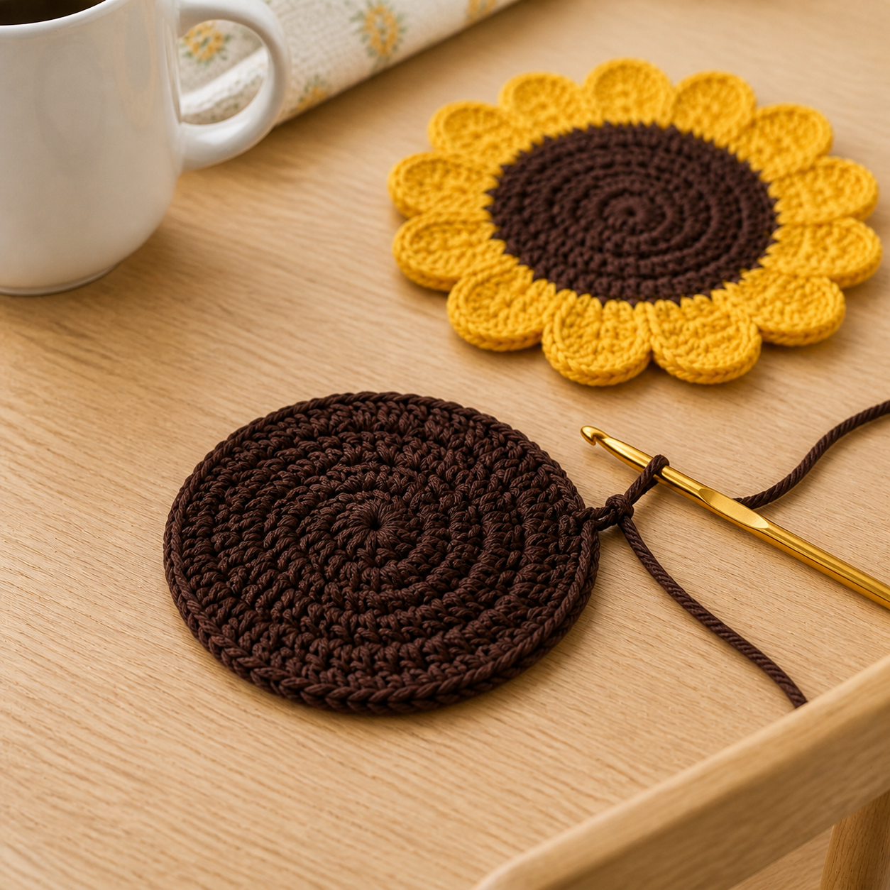 Mid-progress sunflower coaster with completed brown center