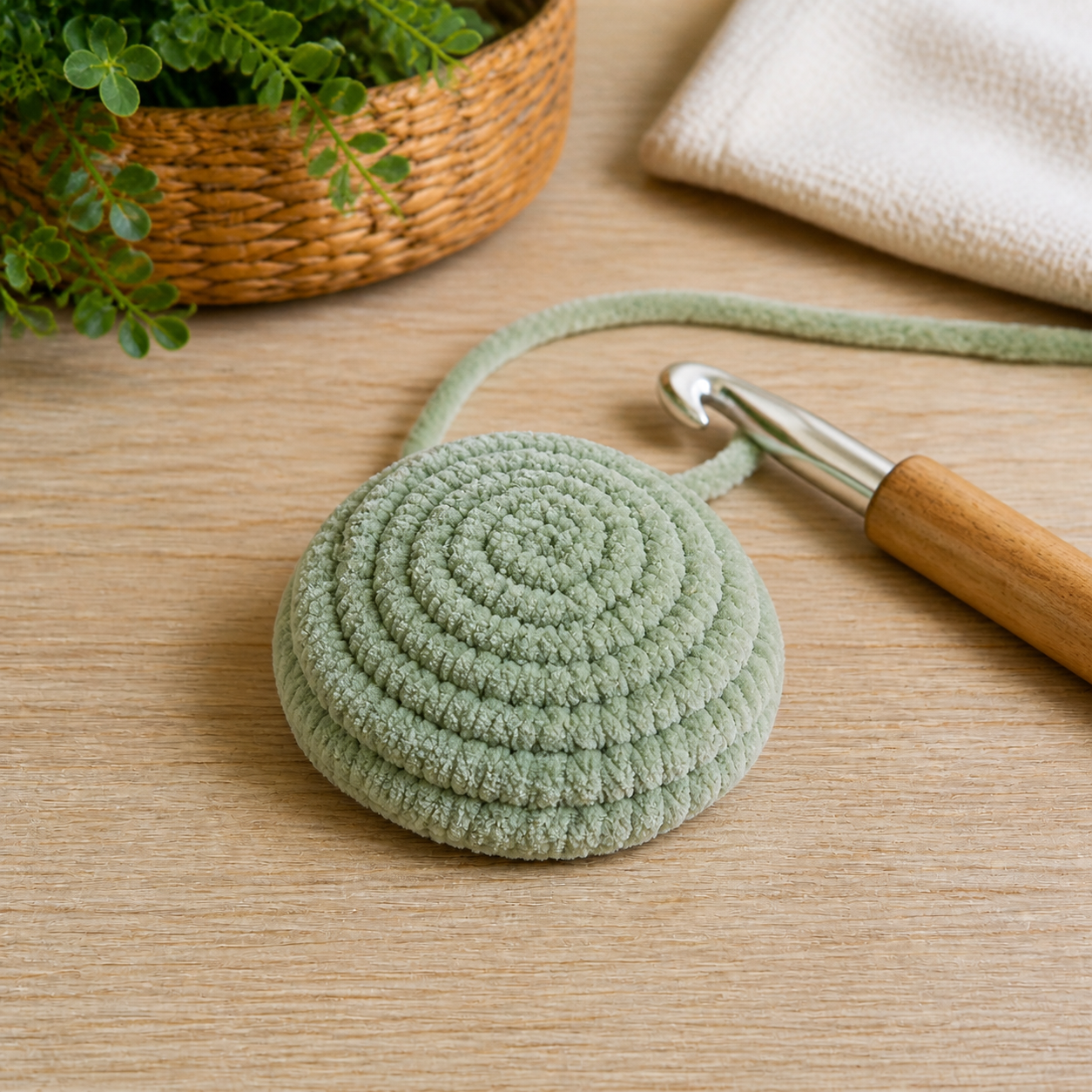 Early sage crochet shell dome worked in spiral rounds