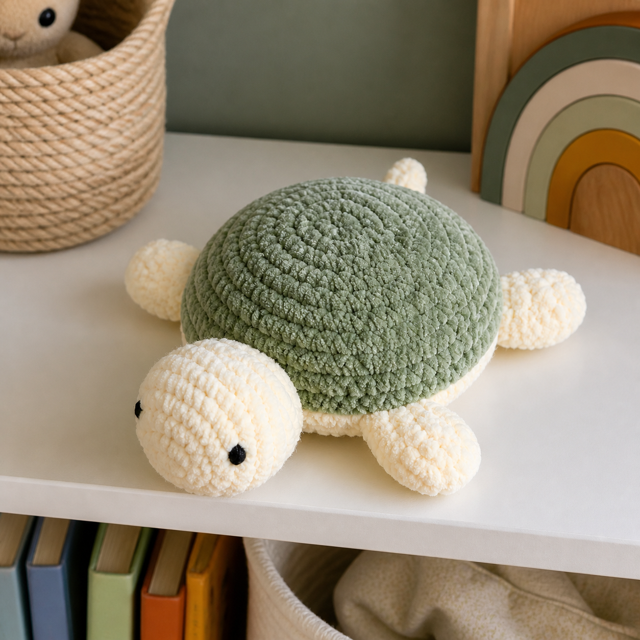 Finished plush turtle displayed in a cozy child-friendly nursery setting
