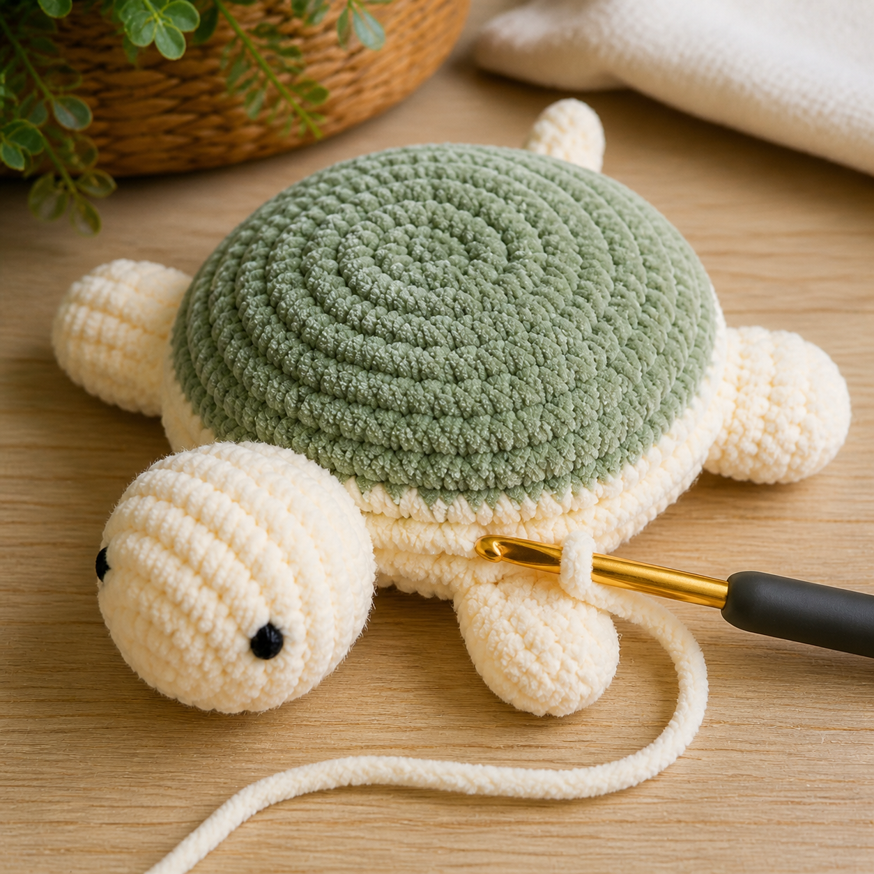 Head, flippers, and tail bobbles crocheted directly into the turtle body
