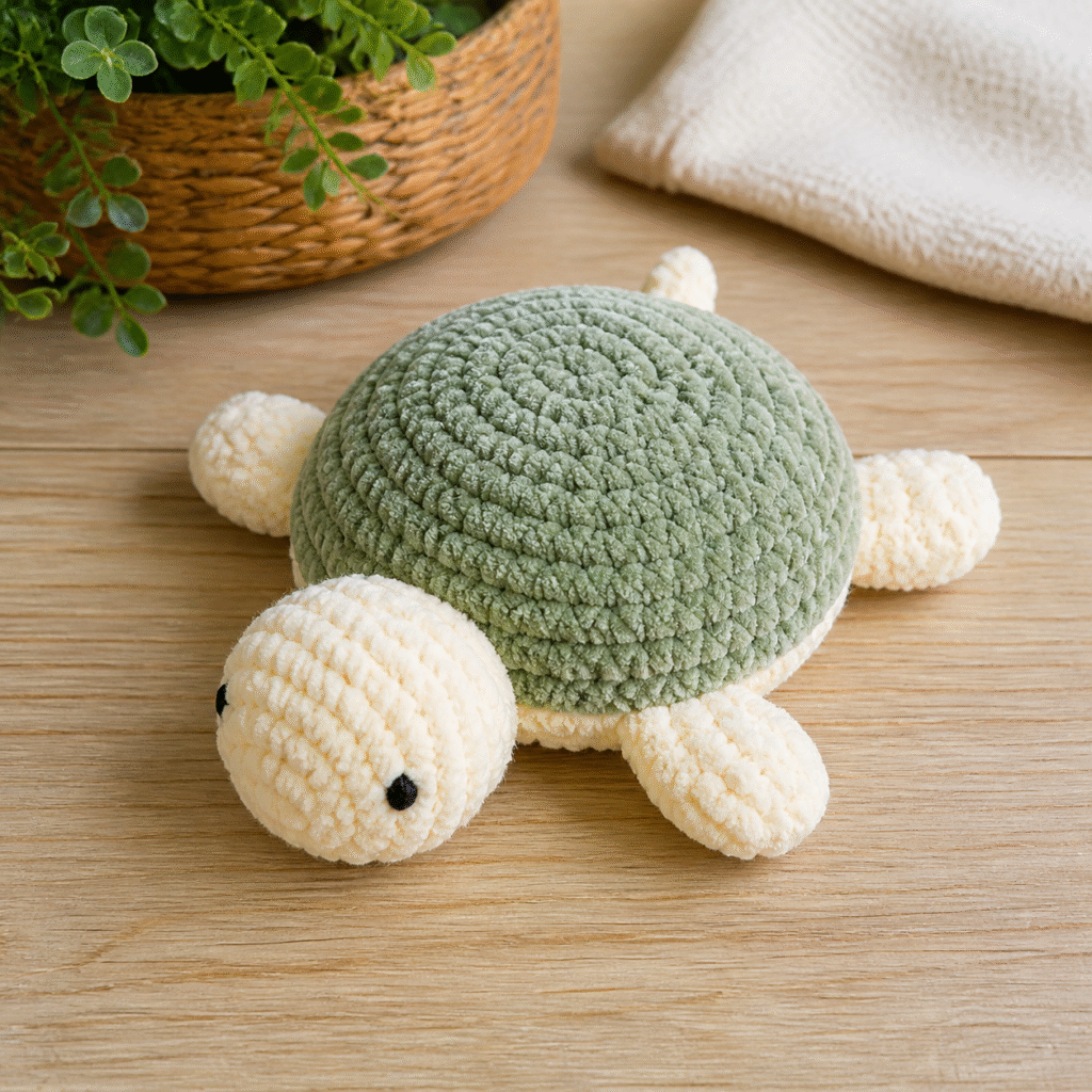 Finished sage and cream no-sew crochet plush turtle with four flippers