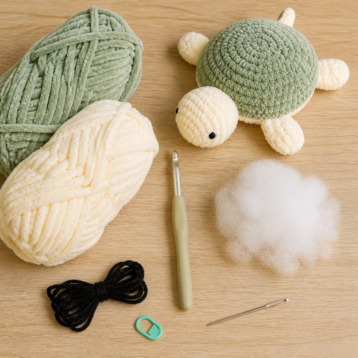 Plush yarn, crochet hook, stuffing, marker, and embroidered-eye materials