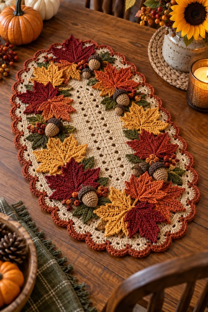 Finished Autumn Maple Leaf Table Centerpiece Pattern crochet project displayed clearly.