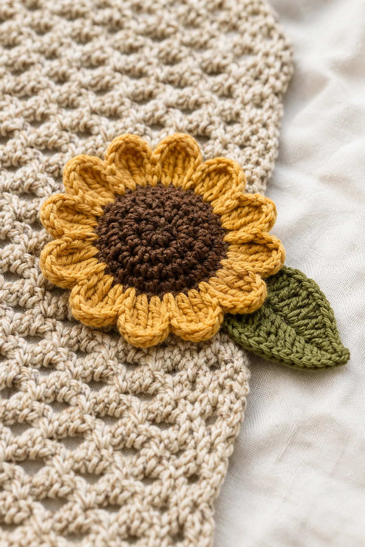 Close view of a golden crochet sunflower sewn to textured oatmeal stitches.